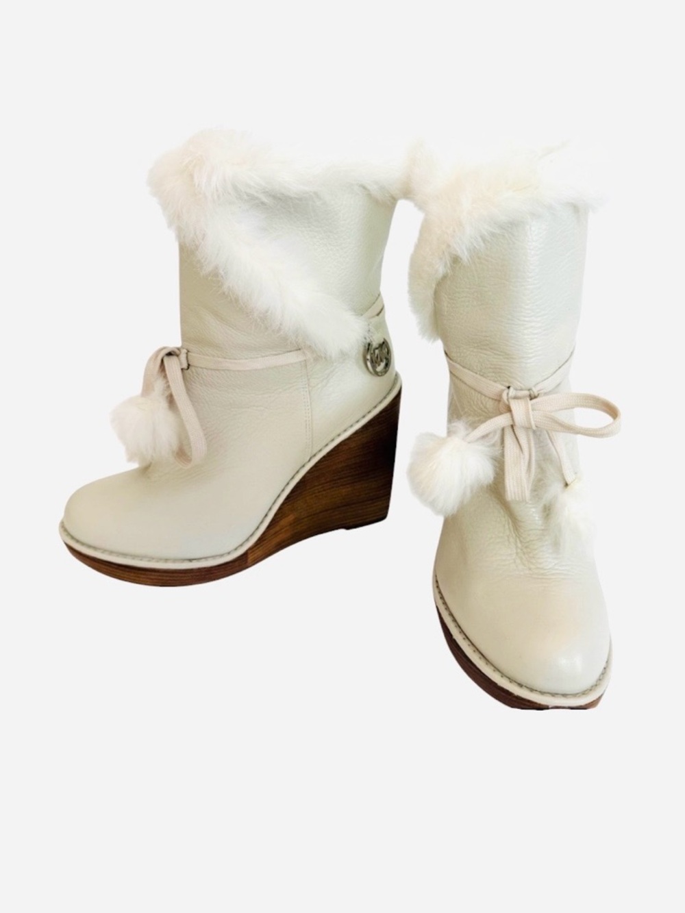 Michael Kors Cream Leather Faux Fur Trim Wedge Ankle Boots Pom Pom MK Logo 7.5 - Picture 2 of 9